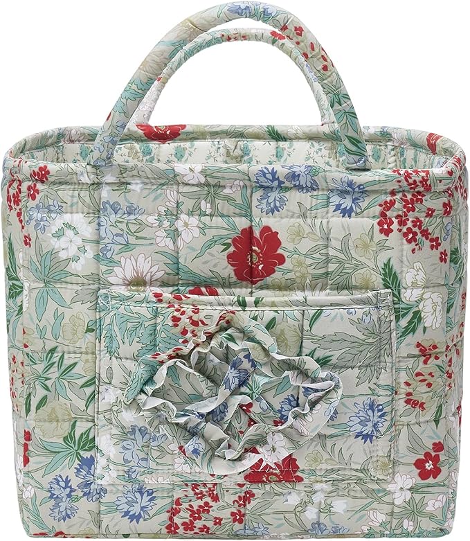 Quilted Fabric Storage Baskets with Handles, Boho Floral Gift Basket Foldable Organizer Bin for Home Decor, Picnic, Travel 12''x10''x10'' (Ivory)