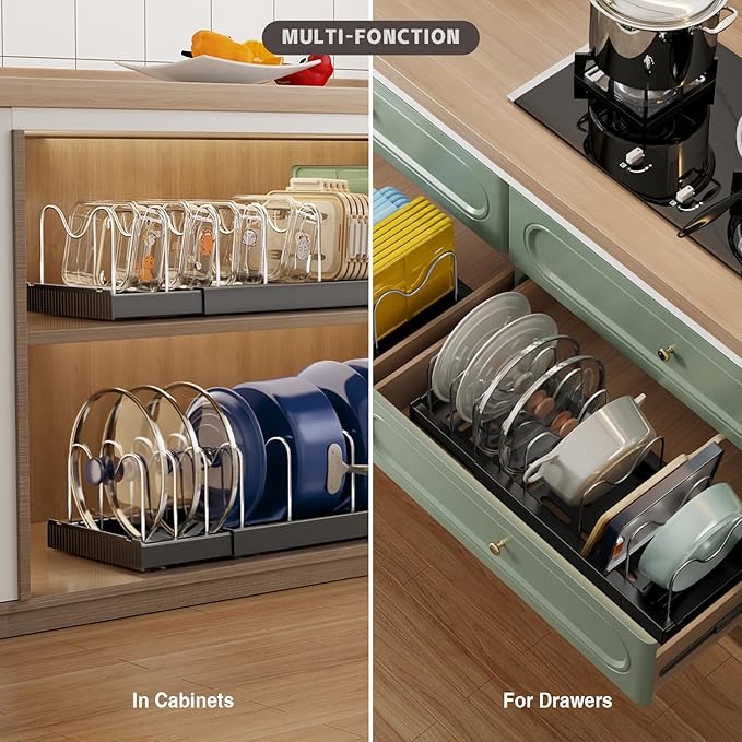 Magheo 2 Pack Expandable Food Storage Container Lid Organizers, 22" Pots and Pans Organizer Under Cabinet with 9 Adjustable Dividers Pot and Pan Lid Holders Rack Inside Cabinet(Black)