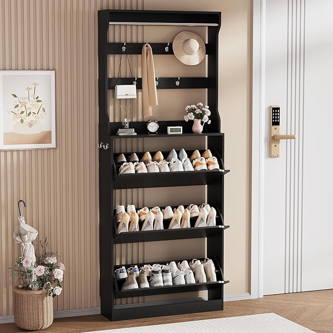 Shoe Storage Cabinet, Wood Shoe Organizer for Entryway with 3 Flip Drawers, Freestanding Shoe Rack with Adjustable Shelf, Narrow Shoe Dresser for Front Door Entrance(Black, 78.74" x 31.5" x 9.37")