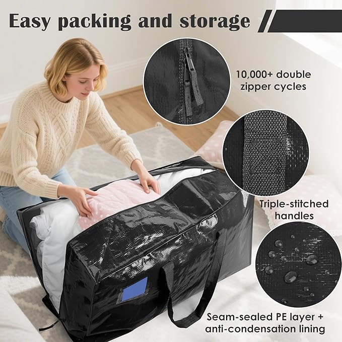 12 Pack Moving Bags with Full-Open Side Zipper, Extra Large 93L Heavy Duty Waterproof Foldable Storage Totes for College Dorm, Moving & Home Organization Black