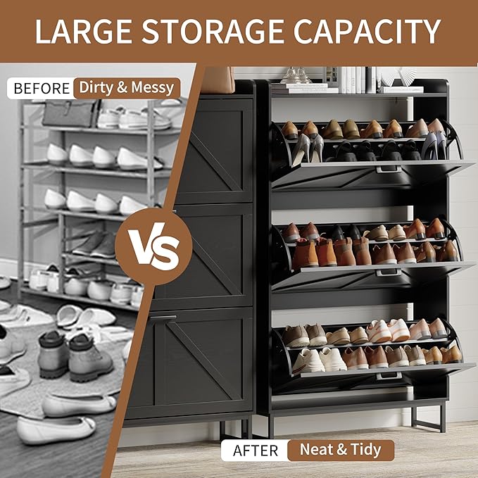 Shoe Cabinet with 3 Flip Drawers, Freestanding Hidden Shoe Storage Organizer for Entryway, Narrow Slim Shoe Rack Cabinet with Open Storage & Hooks for Front Door Entrance, Living Room, Hallway, Black