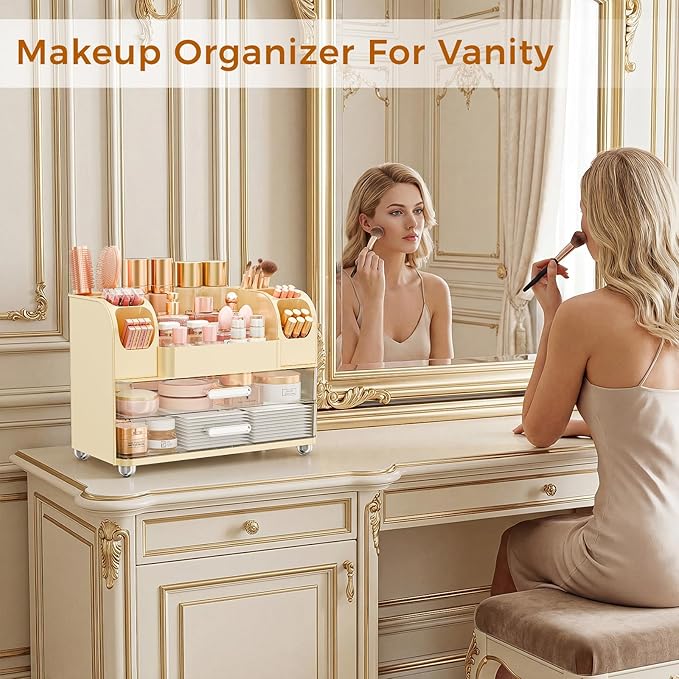 Makeup Organizer for Vanity with Brush Holder, Large Bathroom Countertop Organizer & Skincare Storage | Perfume, Cosmetics Display Case with Drawers (Cream White)