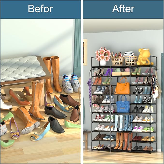 Kottwca 3 Row 10 Tier Large Shoe Rack Organizer for Closet Entryway, 60-65 Pair Shoe Boot Storage Rack, Metal Shoe Shelf Tall Vertical Stackable Shoe Stand for Bedroom Corner