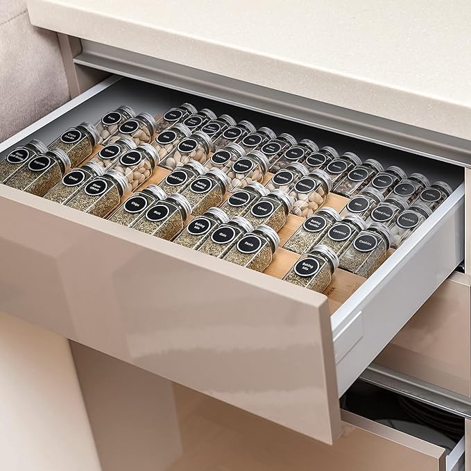 Mulush Bamboo Spice Rack Tray - Spice Drawer Organizer for Kitchen Cabinets Storage and Organization (Jars Not Included, 8 Individual Pieces, Not Adjustable)