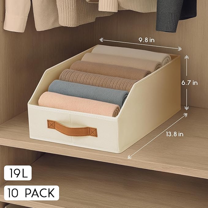 Homsorout Fabric Storage Bins for Organizing - 10 Pack Large Trapezoid Collapsible Storage Bins with Front Handle, Closet Organizers and Storage for Bedroom, Home Shelves, Small Spaces, Beige