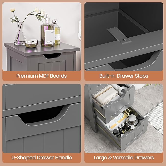 Bathroom Floor Storage Cabinet, Freestanding Wooden Side Organizer w/4 Drawers & Anti-Tip Kit for Bathroom Living Room Hallway Office Study, Grey