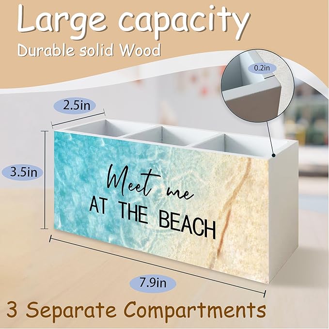 Meet Me at The Beach Pen Holder for Home Office Kitchen Desk Decor, Coastal Makeup Brush Toothbrush Holder Organizer for Bathroom Desk Accessories, Beach Gifts for Women Men