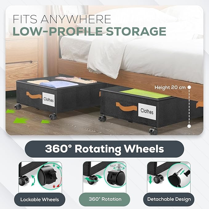 Under Bed Storage with Wheels, 2 Pack (36L Each)| Low Profile Storage Organizer with Clear Window, Double Zipper & 360° Locking Wheels – Rolling Metal Drawer for Clothes, Shoes, & More (Black)