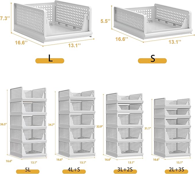 Proarea 5 Pack Stackable Plastic Storage Basket Closet Organizer Bin Foldable Clothes Organizer Storage Drawer Shelf Container for Living Room Bathroom Kitchen Office Laundry Room 5L