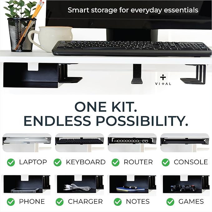 VI+AL Under Desk Laptop Mount - Hidden Metal Shelf with Side Storage - Installs with Tape & Screws - Fits Devices up to 1.7" Thick - Standard (No Hook or Cable Organizer)