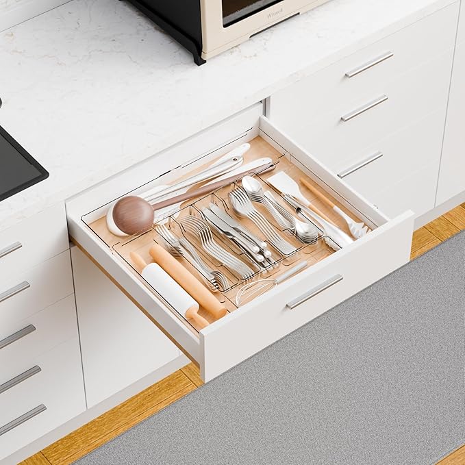 Clear Large Expandable Silverware Organizer and Kitchen Utensil Drawer Organizer