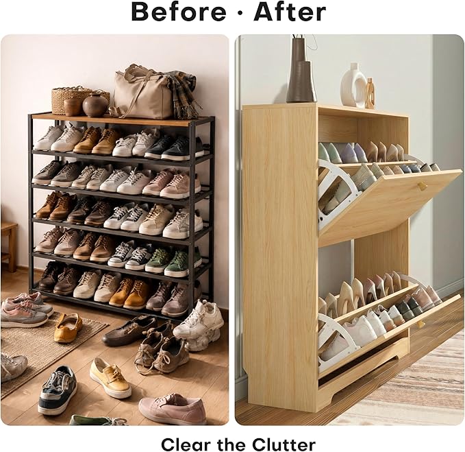 Shoe Cabinet with 2 Flip Drawers, Foyer Natural Oak with Hook
