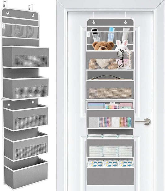 WISELIFE Over The Door Organizer - 6 Shelves Detachable Hanging Bedroom Storage Solution with 5 Large Pockets and 3 PVC Pockets for Dorm Bathroom, Pantry Nursery Baby Essentials (Grey)