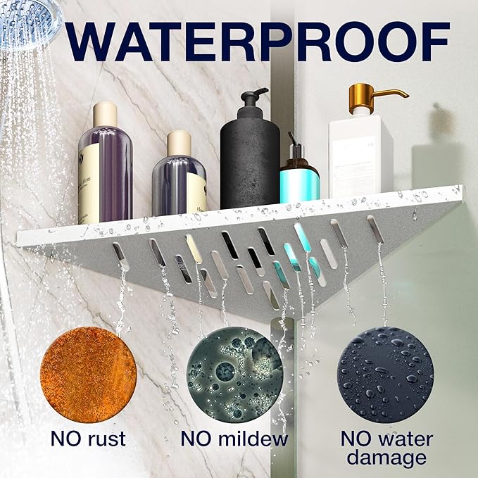 Corner Shower Shelf for Inside Shower - Adhesive/Stick/Drill/No Drill - Floating Strong 14" White Corner Shower Shelves for Bathroom, Tiled Wall, Caddy Organizer, Kitchen, Shower