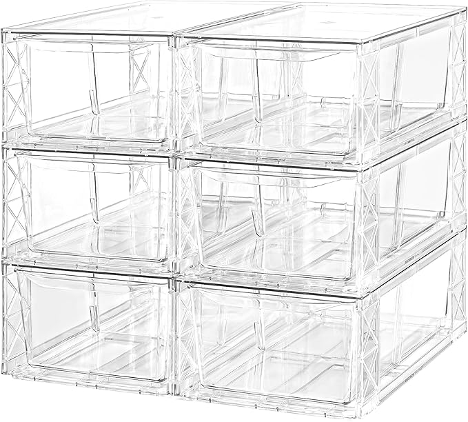 6Pack Acrylic Storage Drawers, Clear Stackable Storage Drawers, Acrylic Storage Bins with Drawers for Fridge Organizers, PlasticDrawers Stackable for Makeup Organizers Cosmetic Display, Medium