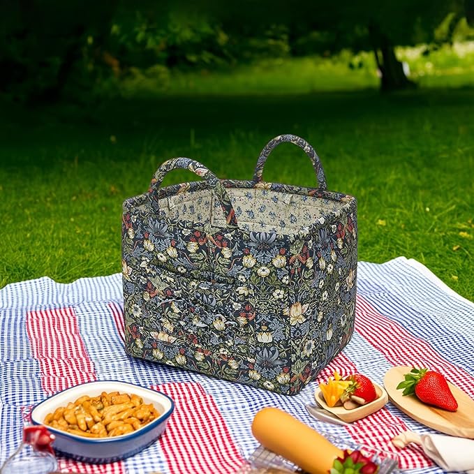 Quilted Fabric Storage Baskets with Handles, Blue