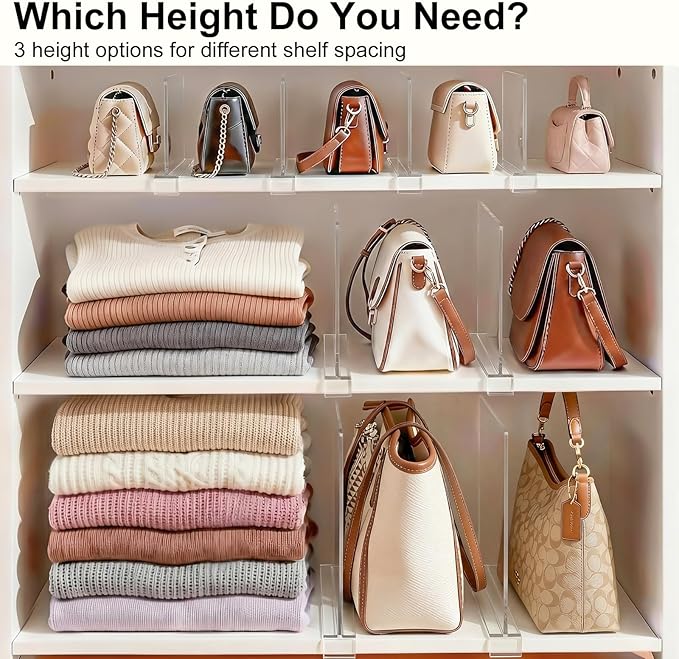 SortNStore Shelf Dividers Purse Organizer for Closet: 6-inch Tall(Shorter Version) Acrylic Handbag Organizer - Small Space Separator for Clutches Evening Bags Pouches Mini-Bags on Wood Shelves 4-Pack