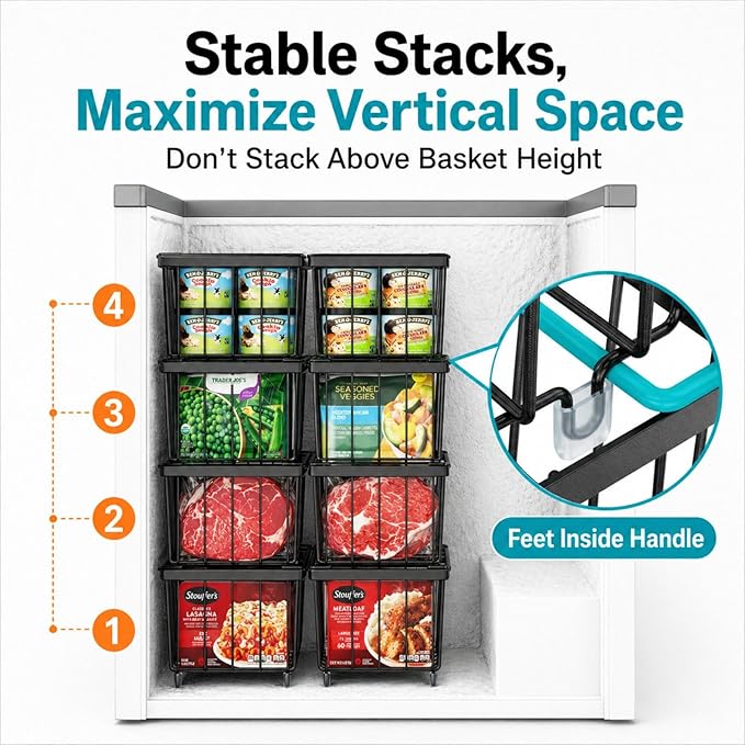 iSPECLE Chest Freezer Organizer Bins - Fits 7 Cu.Ft Deep Freezer, 6 Pack Stackable Wire Baskets(14.7" Length), Heavy Duty Coated Freezer Organizer, Rust Resistant for Frozen Food Sorting, Black