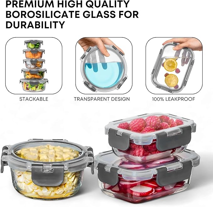 Razab 30 PC Glass Food Storage Containers with Lids - Reusable Glass Meal Prep Containers for Lunch and Leftovers - Airtight & Leakproof Snap Locking Lids - Oven, Freezer, Microwave & Dishwasher Safe