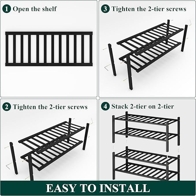 Smiry Bamboo Shoe Rack, 4 Tier Free Standing Wooden Shoe Organizer, Stackable Wood Shoe Storage Shelf for Closet, Entryway, 14 Vertical Slats, 2+2 Stack Heavy-Duty Legs, 26.8"x11"x26", Black