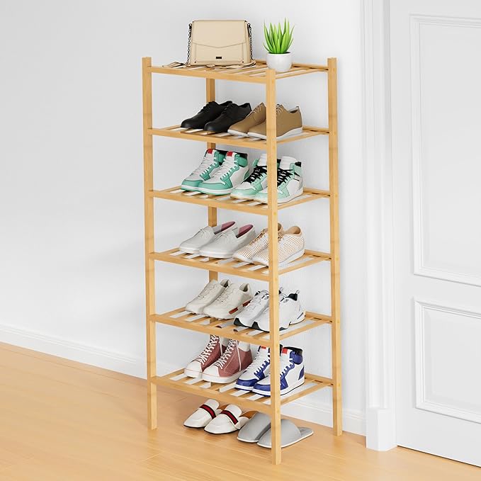 Smiry Small Bamboo Shoe Rack, 6 Tier Free Standing Wooden Shoe Organizer, Stackable Wood Shoe Storage Shelf for Closet, Entryway, 12 Vertical Slats, 2+2+2 Stack Standard Legs, 17.3"x11"x39", Natural