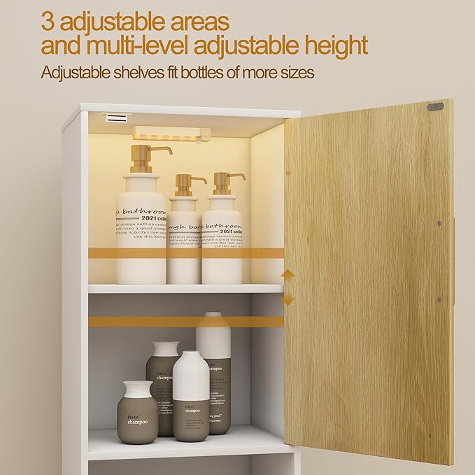 Tall Storage Cabinet, 13.15 Inch Narrow Bathroom Cabinet with USB Magnetic Light, Open Shelf, Magnetic Doors, 2 Adjustable Shelves, Anti-Tip Kit for Small Spaces, Living Room, White, 57.1" H