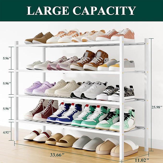 Smiry Long Bamboo Shoe Rack, 4 Tier Free Standing Wooden Shoe Organizer, Stackable Wood Shoe Storage Shelf for Closet, Entryway, 12 Vertical Slats, 2+2 Stack Standard Legs, 33.7"x11"x26", White