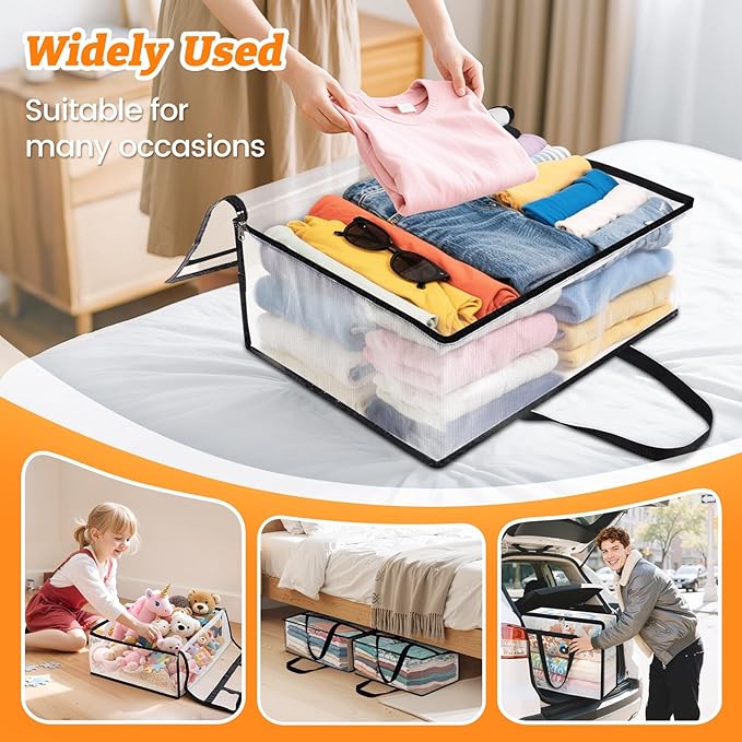 BlissTotes 8 Pack Clear Clothes Storage Bags, Moving Bags, Foldable Blanket Storage Under Bed Storage Containers with Sturdy Zipper and Handle for Clothing, Comforter, Bedding, Sheet (40L)