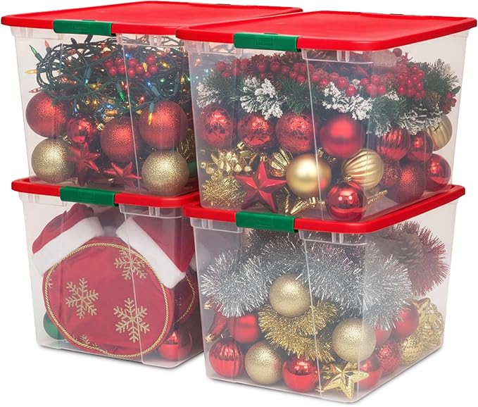 HOMZ 4-Pack Secure Latch, Clear Plastic Storage Organizer Bins, 64 Quart, Red Lid - Stackable Container Boxes for Bedroom, Bathroom, Garage, and Office Organization