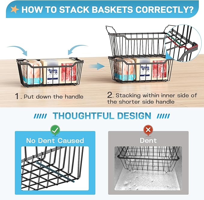 SUNALLY Freezer Organizer Bins, 4 Pack Stackable Chest Freezer Organizer for 5-7 Cu.FT Deep Freezer Sort Frozen Meats and Food, Freezer Storage Baskets with Handles Easy Reach from Bottom, Black