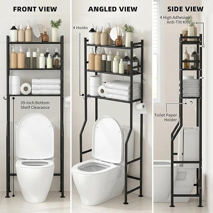 GloTika 3-Tier Over Toilet Storage with Anti-Tilt Safety System - 150lb Total Capacity Metal Bathroom Shelves Including Paper Holder & 4 Hooks, Space Saving Above Commode Organizer (64" H, Black)