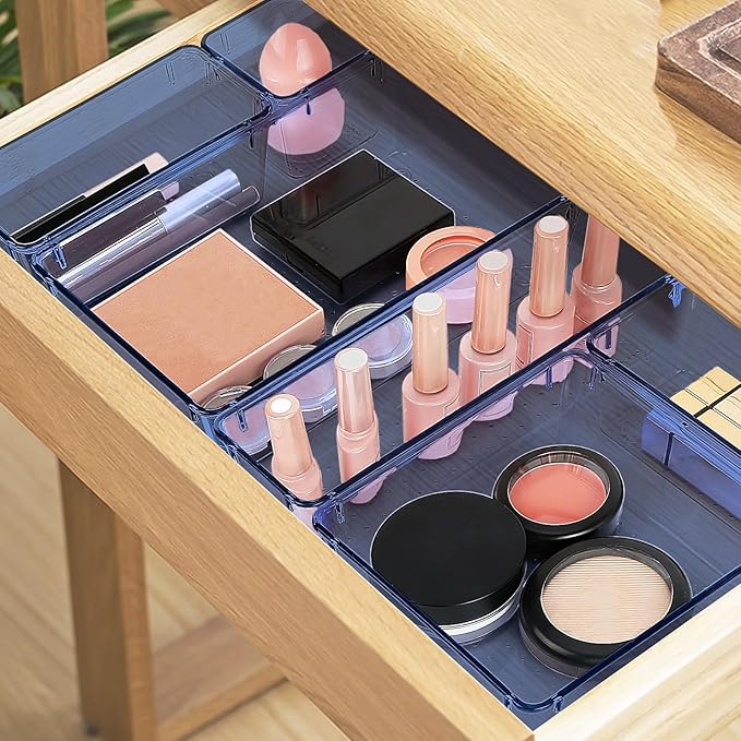 StorMiracle 23 PCS Drawer Organizer Set, 5 Varied Size Bathroom and kitchen Drawer cabinet organizer Trays, Clear Storage Bins for Makeup, Jewelry, Utensils and Gadgets, Dark Blue