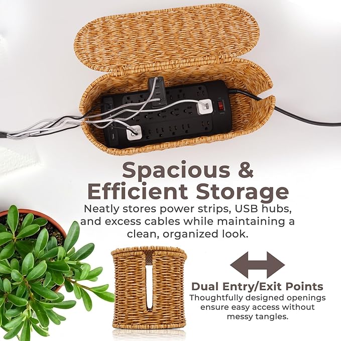 Cable Management Box, Handmade Rattan Cable Organizer, Natural
