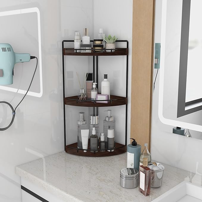 3-Tier Corner Bathroom Organizer Countertop for Storage, Vanity Tray, Walnut