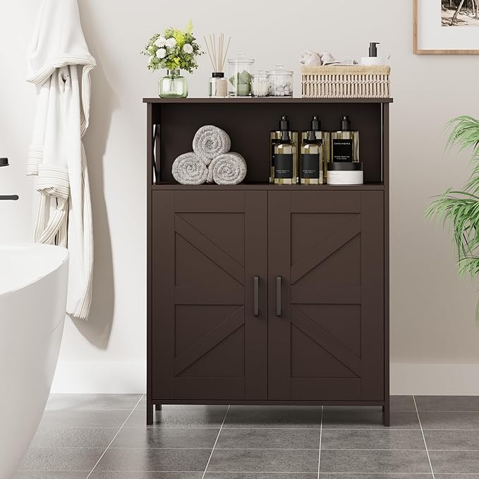Homhedy Farmhouse Bathroom Storage Cabinet with 2 Doors, Toilet Paper Cabinet with Adjustable Shelf, Small Bathroom Cabinet for Kitchen/Laundry/Living Room, 11.8 x 23.6 x 31.5 Inches, Brown