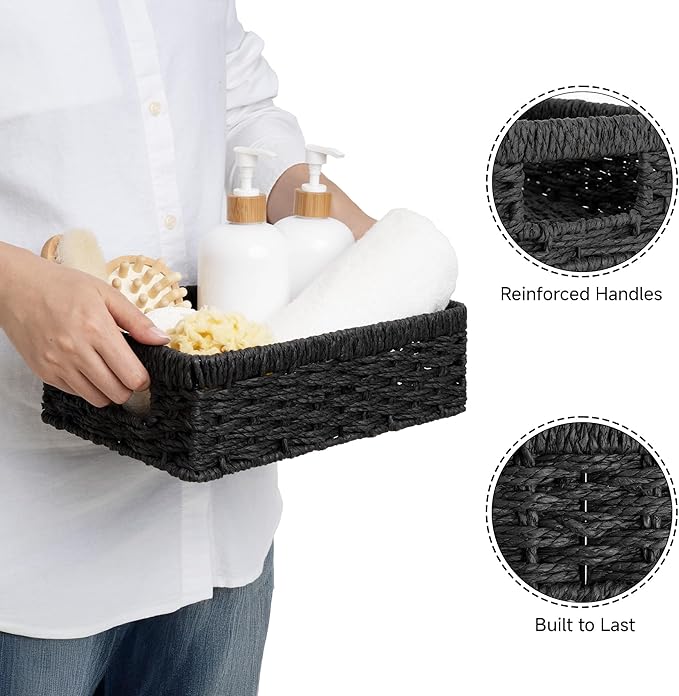 StorageWorks Paper Rope Storage Baskets, Small Wicker Basket for Organizing, Pantry Organizers and Storage, Black, 2-Pack