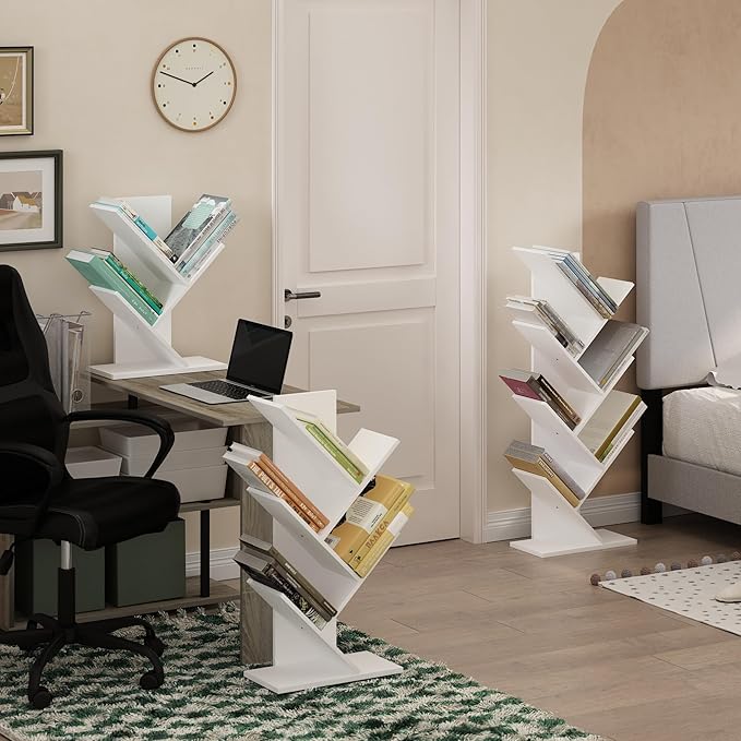 Furinno Tree Book Shelf, 7-Tier Bookshelf with Angled Open Shelf, Tree Bookcase for Room Decor, 8.4 x 15.7 x 39.4, for Organization and Storage, for Living Room, Bedroom, Home Office, White