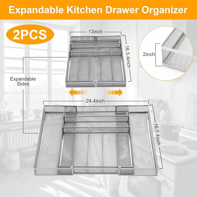 2 Pcs Utensil Drawer Silverware Organizer, Sliver