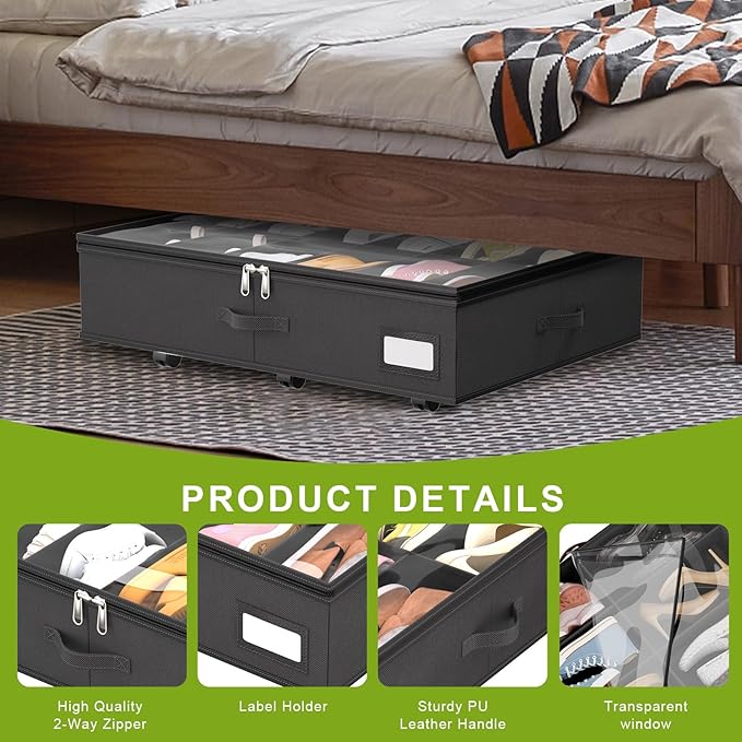 Under Bed Shoe Storage with Wheels, Fits 24 Pairs, Black