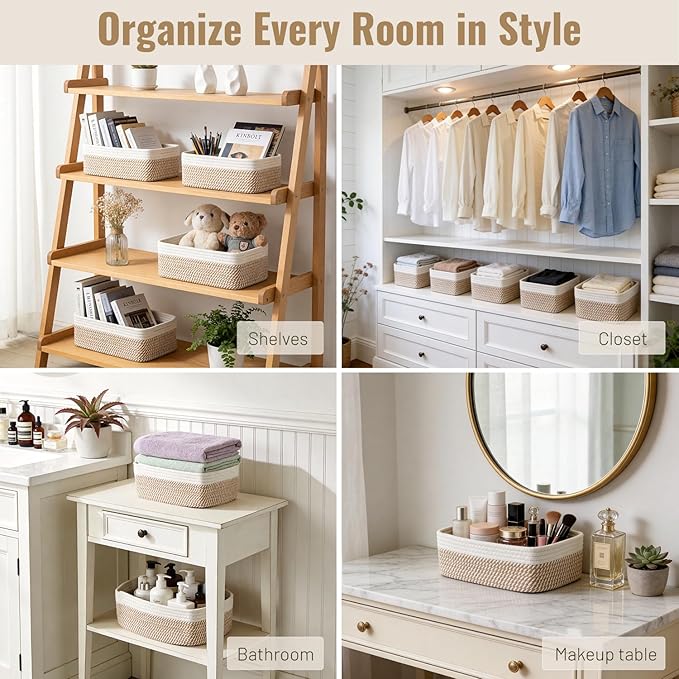 5 Pack Small Woven Storage Baskets for Shelves, Cotton Rope Baskets Organizer for Bathroom, Closet & Nursery, Decorative Storage Bins for Organizing Socks, Toys, 11.8"x7.9"x4.7", Khaki/White