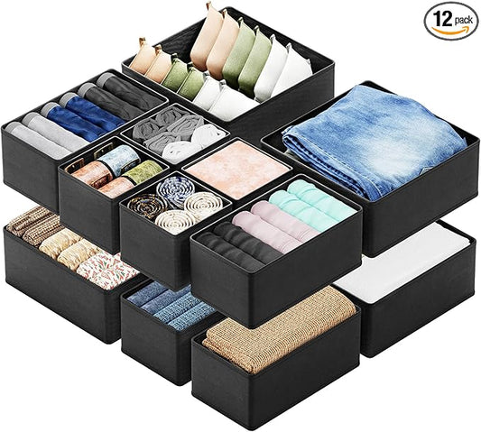 Drawer Organizer Clothes, 12 Pack Dresser Organizer Bins for Nursery, Black