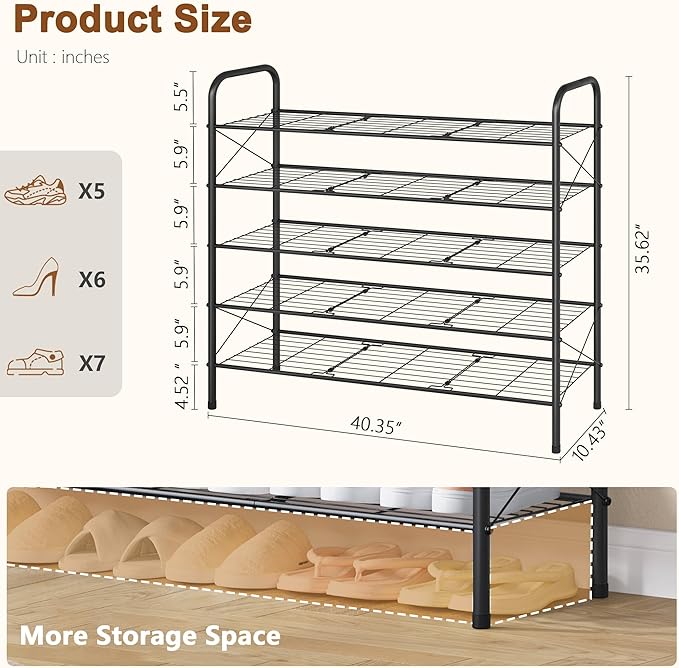 Hoctieon 5 Tier Mesh Style Shoe Rack, Entryway Shoe Shelf, Shoe Storage Organizer, Shoe Rack for Closet, Space Save for Bathroom, Garage, Hallway, Bedroom, Living Room, Black