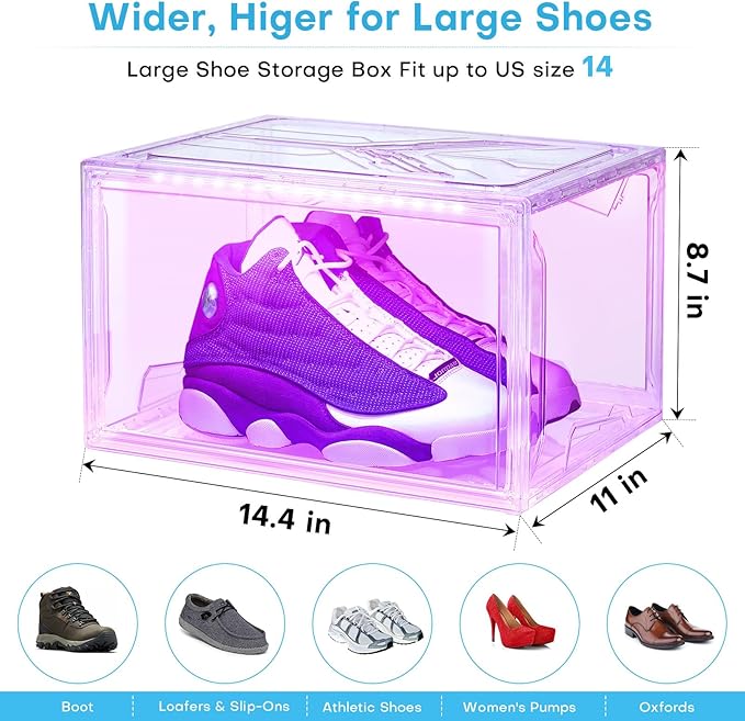 Oltraman Shoe Storage Organizer for Closet, Foldable Shoe Boxes Rack 2 pack, Clear Plastic Stackable Containers Bins Holder, Magnetic Sneaker Shelf for Sneakerheads with LED Lights Clear