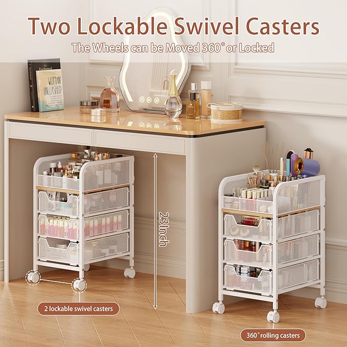 Rolling Makeup Cart Organizer with 3 Drawers