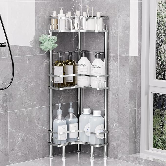 Standing Shower Corner Caddy, 3-Tier Stainless Steel Material Shower Organizer with 12 Hooks - Space Saving Corner Shelf with Adjustable Feet for Bathroom, Compact Spaces(Sliver, 3 Tiers)