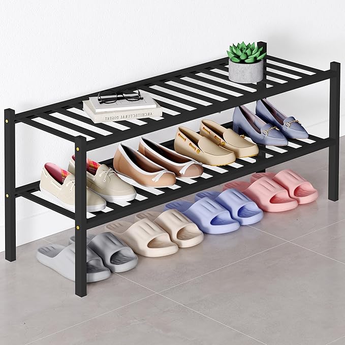Smiry Bamboo Shoe Rack for Closet, 2 Tier Long Wooden Shoe Organizer, Stackable Wood Shoe Storage Shelf for Entryway, 14 Vertical Slats, One-piece Heavy-Duty Legs, 33.86"x11.02"x12.99", Black