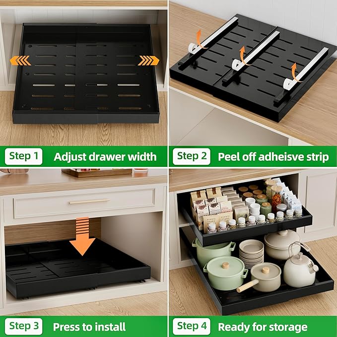 PAKETA 4 Pack Expandable Pull Out Cabinet Organizer, 21'' Deep Pull Out Drawers for Cabinets,Upgrade 3 Slide Rails Sliding Drawer for Kitchen Cabinet Organizer with Adhesive Nano Film (Black)