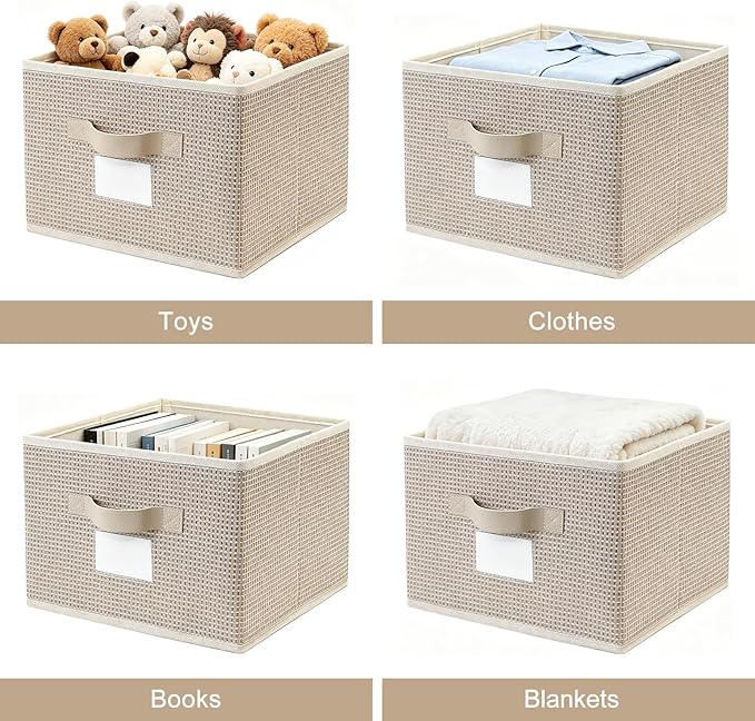 11 Inch Storage Cubes for Organizing, Sturdy Textured Fabric Storage Baskets with Leather Handles & Label Slot, Foldable Closet Shelf Organizer Bins for Clothes, Nursery & Bedroom (4, Beige)