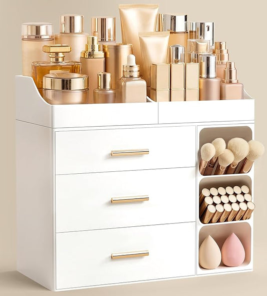 Makeup Organizer Countertop with Brush Holder, All White