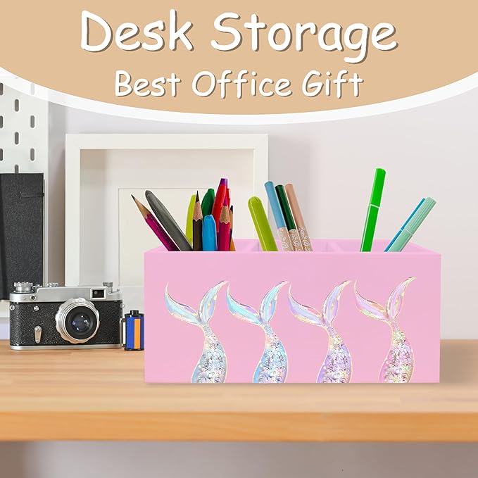 Mermaid Gifts for Girls Women, Pastel Mermaid Beach Pen Pencil Holder Organizer for Desk, Coastal Ocean Wooden Box Block Sign for Home Classroom Dorm Office Tabletop Decor（Pink）
